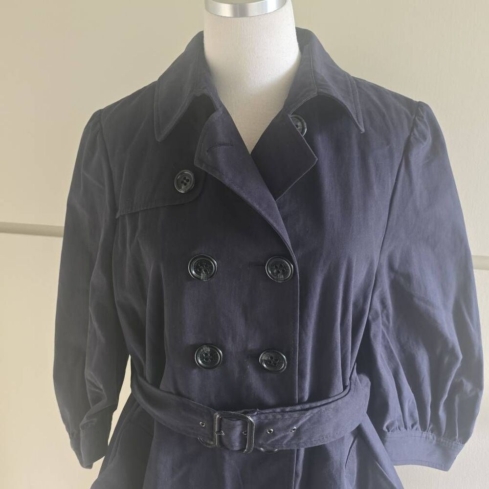 BCBG MAX AZRIA  NAVY "ALEXANDRA" Trench Coat, 3/4 SLEEVE, Swing Back, NWT, L - Picture 5 of 12